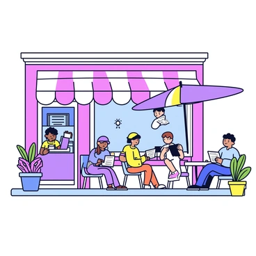 A charming city cafe with a bright facade painted in pastel colors. The outdoor seating area features several small round tables and colorful chairs. Patrons are sitting at the tables, some reading newspapers and others chatting while enjoying their coffee. A large umbrella shades one of the tables, providing a cozy spot. Potted plants with vibrant flowers are placed around the seating area, adding to the inviting atmosphere.