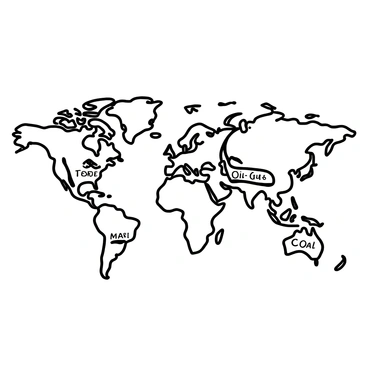 A world map displaying the outlines of continents with marked areas representing major fossil fuel reserves. Each reserve is labeled with its corresponding name, and lines connecting the labels to their locations are present. The map includes symbols for oil, natural gas, and coal, each represented by distinct icons placed over the regions where these resources are predominantly found. The map's borders are accentuated, and a compass rose is positioned in the corner for orientation.