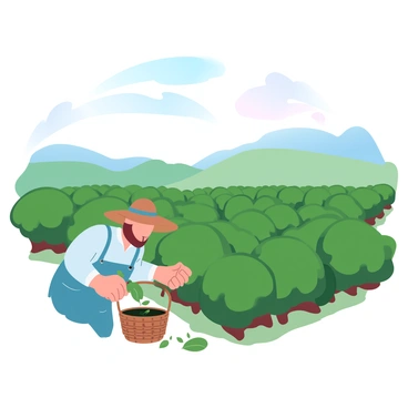 A serene tea garden with lush green bushes and a worker picking fresh tea leaves.