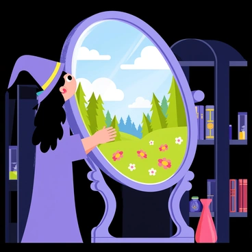 A witch with long dark hair and a pointed hat stands in front of a large, ornate mirror. The frame of the mirror is decorated with intricate designs of swirling vines and mystical symbols. The surface of the mirror glows with a bright blue light, revealing a vibrant alternate world filled with fantastical landscapes. In the reflection, lush green forests stretch into the distance, with colorful, oversized flowers and strange creatures roaming about. The witch's expression is one of awe as she gazes into this magical scene, her hands resting on the ornate stand of the mirror. The setting around her is dimly lit, with shelves of potions and spellbooks visible in the background.