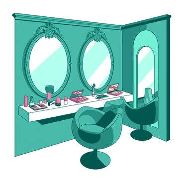 A teal luxury makeup lounge features elegant mirrors with ornate frames reflecting the soft ambient lighting. The space is filled with plush chairs, each upholstered in a rich fabric, inviting comfort and sophistication. Makeup products are displayed neatly on a white vanity, showcasing a variety of vibrant colors in beautifully packaged containers. The overall atmosphere is one of opulence and style, creating a perfect environment for beauty applications.
