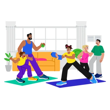 A family of four is in a bright, spacious living room, each member performing Russian twists on colorful exercise mats. The father, with a short beard and wearing a blue tank top, is focused on his form, twisting with a weighted ball. The mother, in a pink sports bra and black leggings, is smiling as she performs her twists, showcasing her agile movements. A young girl, with pigtails and wearing a bright yellow t-shirt, is playfully trying to keep up, her face showing determination. The teenage boy, wearing a green workout shirt, is laughing as he attempts to mirror his sister's movements. Large windows let in natural light, highlighting the playful atmosphere in the room.