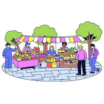 A lively French market scene filled with various stalls. Each stall displays an array of colorful fruits and vegetables. There are people interacting at the market, including a woman in a blue dress and a man wearing a straw hat. The ground is paved with cobblestones, and there are leafy green trees providing shade nearby. Brightly colored banners are hanging above the stalls, contributing to the vibrant atmosphere.