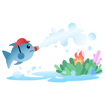 A cartoon fish is wearing a bright red firefighter helmet. The fish is actively spraying a stream of bubbles towards a patch of green seaweed that is ablaze with small flames. The bubbles are large and round, floating gently through the water as they move towards the fire. There are colorful corals and other sea life surrounding the scene, adding to the underwater atmosphere. The flames on the seaweed are vibrant, contrasting with the blue water.