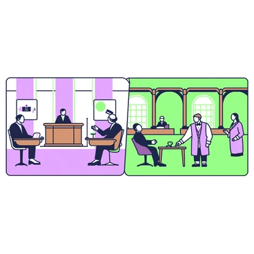 A split illustration features two contrasting courtroom scenes. On the left, a modern courtroom is depicted with sleek lines, glass walls, and a polished wooden judge's bench. The judge, dressed in a black robe, is seated, while lawyers in formal attire present their cases to a jury sitting in modern chairs. Technology is present, with a large screen displaying evidence and digital devices on the lawyers' tables. 

On the right, a historical courtroom showcases an older architectural style with wooden beams and stone walls. The judge's bench is ornate, and the judge is wearing traditional robes. Lawyers are in period attire, presenting their cases to a jury seated on wooden benches. The atmosphere is more formal, with candles casting a warm glow and legal texts displayed on wooden lecterns, accentuating the contrast between the two eras. Each side clearly represents distinct time periods in the judicial system.