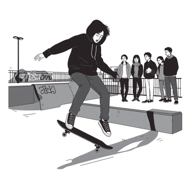Ayanokoji is executing a skateboard trick in an urban skatepark. He is wearing a stylish black hoodie and dark jeans, standing on his skateboard mid-air as he performs a kickflip. The skatepark features concrete ramps, graffiti-covered walls, and metal railings. Several spectators are watching in the background, showing expressions of excitement. The sun casts sharp shadows, enhancing the dynamic scene around him.