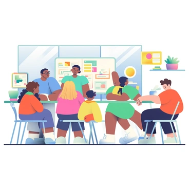 A group of five students is sitting at desks arranged in a semicircle, attentively listening to a teacher at the front of a bright, modern classroom. The teacher, a woman with short black hair wearing glasses, is standing next to a large whiteboard filled with colorful diagrams. The students include a boy with curly brown hair wearing a blue shirt, a girl with straight black hair in a pink sweater, a girl with blonde braids in a green dress, and two boys with short hair; one in a red t-shirt and the other in a yellow hoodie. Sunlight streams through large windows, illuminating the room filled with vibrant posters on the walls. There are potted plants on the windowsill and a stack of books on the teacher's desk.