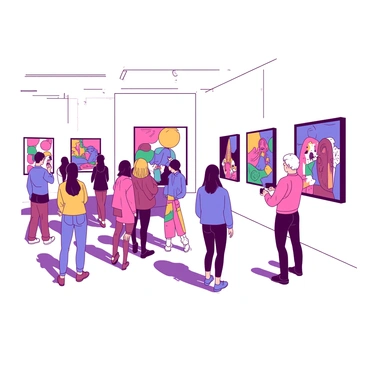 A vibrant art exhibition features several illustrations by "Marie Savart" displayed on the white walls. The artworks include various colorful illustrations that catch the eye of the visitors. A group of people stands in front of one piece, their expressions showing interest and admiration. Some visitors are taking photos, while others are engaged in conversation about the illustrations. The floor is polished and reflects the colorful artwork, enhancing the lively atmosphere of the event.
