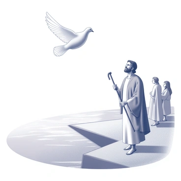 A dove with outstretched wings is hovering above the head of John the Baptist. John, dressed in simple, flowing robes, stands at the edge of a riverbank. He is holding a staff in one hand and has a serene expression on his face, reflecting the significance of the moment. In the background, there are gentle ripples on the water's surface, indicating the presence of the river. The setting suggests an atmosphere of reverence as onlookers stand at a distance, observing the baptism ceremony. The dove appears to be glowing softly, symbolizing peace and divinity.