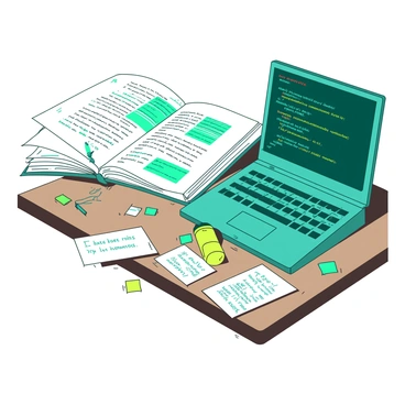 An open white DOS tutorial book lies on a wooden desk, displaying colorful illustrations and text about commands and functions. Scattered around the book are handwritten notes in teal ink, some resting on the pages and others partially tucked inside. Nearby, a sleek teal computer with a black keyboard is positioned, its screen glowing with brightly colored lines of code. A yellow highlighter is placed on top of the book, adding a pop of color to the scene.