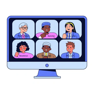 A computer screen displaying a virtual meeting with multiple faces. Each face represents a different corporate role, including a person with glasses in a suit, a woman with curly hair wearing a blazer, a man with a flat cap and a tie, and a person with long hair in a casual shirt. The individuals are arranged in a grid layout, smiling and engaging with each other. The background of the screen is dark, emphasizing the illuminated faces. Each participant has their name displayed beneath them in a small text box.