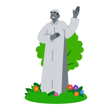 A tall statue of a person stands in a park, made of gray stone with smooth, polished surfaces. The figure depicts a person with one hand raised, fingers extended in a blaming gesture. The person's expression is stern, conveying a sense of authority. Surrounding the statue are vibrant green grass and colorful flower beds, adding contrast to the stone figure. Trees with lush leaves frame the background, filtering sunlight and casting gentle shadows on the ground.