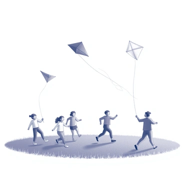 A wide open field occupies the scene, stretching across the landscape under a large expanse of "bright blue sky." Several people are present, each holding onto a colorful kite that soars high above them. The kites display a variety of shapes and designs, dancing gracefully in the wind. The individuals are diverse, engaged in the activity with smiles on their faces, while some are running to gain more altitude for their kites. The grass beneath them is lush and adds to the vibrant atmosphere of the setting.