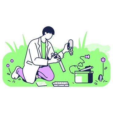A scientist is kneeling in a green field, carefully setting up environmental monitoring equipment. The scientist is wearing a light-colored lab coat over casual clothing and is holding a device in both hands, aligning it with the ground. Next to them, there is a small green toolbox containing additional tools and components. Behind the scientist, a series of green plants and a few scattered wildflowers can be seen, framing the scene. In the background, the horizon stretches out with a gentle slope and a clear sky. A small notebook lies open on the ground, with notes visible on the page.