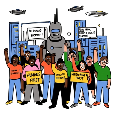 A diverse group of citizens is gathered in a high-tech city square, raising their fists in protest against robotic enforcers. There are men and women of various skin tones, wearing a mix of casual clothing and protest gear, such as shirts with slogans. The robotic enforcers, sleek and metallic with glowing blue eyes, stand tall in the background, creating a stark contrast to the crowd. Bright digital screens display protest messages like "We Demand Freedom" and "Humans First." The cityscape features futuristic buildings with neon lights and flying vehicles in the sky, emphasizing the advanced technology surrounding the scene.