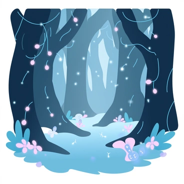 A dense forest filled with tall trees, their trunks thick and gnarled. The ground is covered with soft moss, and small glowing plants in various pastel hues illuminate the scene. Bioluminescent flowers bloom among the underbrush, casting a gentle light. In the shadows, hidden creatures can be seen peeking out; some resemble small, whimsical animals with intricate patterns on their bodies. Wisps of glowing light float through the air, creating a magical atmosphere. Delicate vines dangle from the branches above, adding to the enchanting feel of the forest.