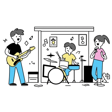 A teenage band, consisting of three members, is practicing in a spacious garage. One member, a boy with a black t-shirt, is energetically playing an electric guitar. Another member, a girl with short hair, is sitting at a drum set, actively drumming. The third member, a girl with long hair, is standing with a microphone, singing passionately. Surrounding them are various musical instruments, including a bass guitar leaning against the wall, a keyboard set to the side, and scattered music sheets on the floor. The garage has a cluttered but vibrant atmosphere with posters of bands hanging on the walls.