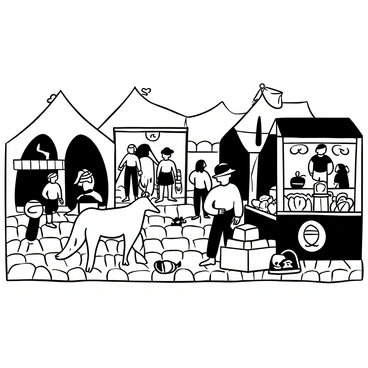 A busy medieval market scene filled with various stalls displaying an array of goods, such as fruits, vegetables, and fabrics. A wolf is standing in front of a stall, curiously inspecting a selection of freshly baked bread. In the background, people are engaged in conversation, while children are playing nearby. Tents and canopies are set up, creating a lively atmosphere with a sense of activity and trade. The ground is cobbled, adding to the historical setting.