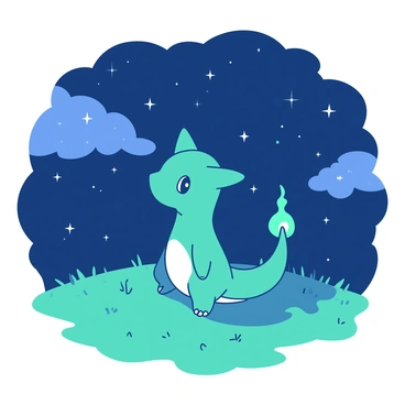 A teal Charmander is sitting on a grassy hill under a night sky filled with twinkling stars. The Charmander has its tail flame gently flickering, casting a warm glow on its face. In the background, there are scattered clouds illuminated by the starlight, creating a tranquil atmosphere. The sky is deep and rich with a gradient of colors, enhancing the sparkle of the stars. The overall scene captures the peacefulness of a clear night.