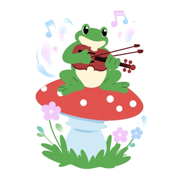 A small green frog is sitting on a bright red mushroom with white spots. The frog is holding a tiny violin under its chin with its front legs, and a delicate bow in its other hand. The scene is surrounded by lush green grass and tiny wildflowers, enhancing the whimsical atmosphere. A few whimsical music notes are floating in the air around the frog, illustrating the melody being played.