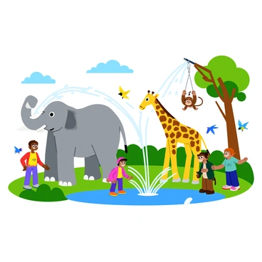 Animals enjoying water jet sprinklers on a hot day at the zoo