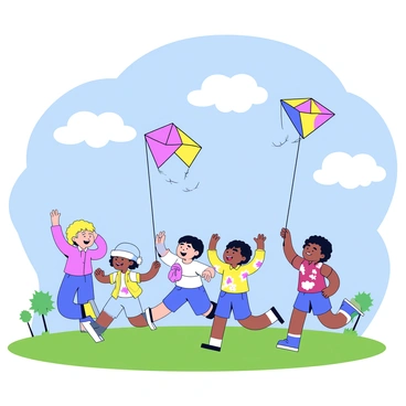 A group of children is flying colorful kites in a park. The kites are vibrant and feature various designs, with some shaped like animals and others like geometric patterns. The children, dressed in playful clothing, are running with joy, their arms outstretched as they hold the kite strings. The park is filled with green grass and a few scattered trees. Above, the sky is blue with white puffy clouds, indicating a breezy day perfect for kite flying.