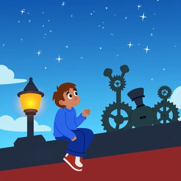 A young boy named "Hugo" sits on the rooftop of a vintage train station, gazing dreamily at a sky filled with twinkling stars. He has tousled brown hair and wears a cozy blue sweater. Surrounding him are various pieces of old mechanical machinery, such as gears and levers, which add a sense of adventure to the scene. The warm glow of a nearby lamppost casts a soft light on his face, illuminating his expression of wonder and curiosity. The stars above twinkle brightly, creating a magical atmosphere that contrasts with the sturdy, industrial elements around him.