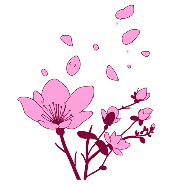 A pink blossom with delicate petals is depicted, its petals being swept away in the air by a gentle breeze. The petals are drifting gracefully, some floating upwards while others tumble downwards. In the background, there are more pink flowers swaying lightly, creating a serene atmosphere. The scene captures the movement of the petals, showcasing the beauty of nature in motion.