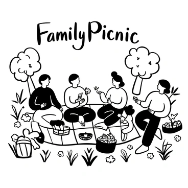 A family sitting on a picnic blanket spread out on a grassy meadow filled with flowers. There are several baskets filled with food and drinks placed around them. The adults and children are engaged in sharing food and playing games. Butterflies are seen fluttering around the blooming flowers nearby. In the background, there are trees providing shade, and a clear sky above. "Family Picnic" is written in decorative letters above the scene.