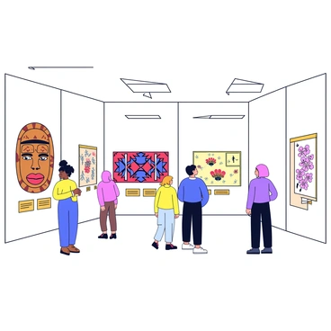 A gallery interior with white walls showcasing various traditional art pieces. On the left, there is a vibrant African tribal mask made of wood with intricate carvings. In the center, a colorful Native American quilt displays geometric patterns in reds and blues. To the right, an Asian scroll painting features delicate brushwork depicting cherry blossoms. Each piece is labeled with informative plaques underneath, and warm lighting illuminates the artwork. Visitors of different backgrounds are calmly observing the pieces, creating a lively atmosphere.