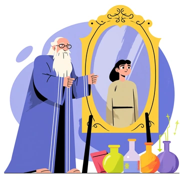 Merlin, an elderly wizard with a long white beard and a deep blue robe, stands in front of a large, ornate magical mirror. The mirror has a golden frame adorned with intricate swirling designs. In the reflection of the mirror, his younger self appears, showing him with dark hair and a youthful face, wearing a simple tunic. The surrounding area is filled with enchanted items like glowing potions and spellbooks, creating an atmosphere of magic and mystery.