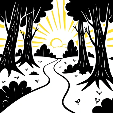 A winding path through a dense forest, bathed in golden sunlight, leading to a distant horizon