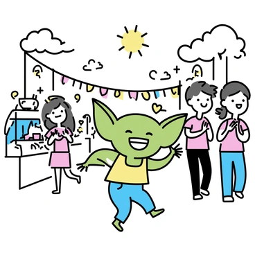A gremlin dancing joyfully at a lively street festival.