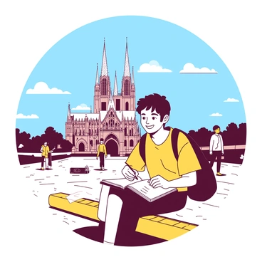 A yellow student with short hair is sitting on a bench, taking notes in a white notebook. In front of the student, there is a famous landmark with tall spires and intricate details, towering against a clear blue sky. The student has a cheerful expression, with a smile and bright eyes, showing enthusiasm for the experience. Around the landmark, there are a few tourists walking and taking photos, creating a lively atmosphere. The sunlight casts soft shadows, enhancing the vibrant scene.