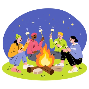 A group of four friends sitting around a circular campfire with bright orange flames. Each friend holds a long stick with a marshmallow roasting over the fire. The background shows a starry night sky filled with twinkling stars, and smaller glowing sparks rising from the campfire into the air. The friends are smiling and sharing stories, with one friend wearing a green beanie, another in a blue hoodie, and the others in colorful jackets. The ground is covered in grass with scattered logs and a few scattered stones around the campfire.