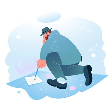 A detective is crouched down on the floor of a dimly lit room, intently focused on the ground beneath him. He is wearing a long trench coat and a fedora, creating a classic detective appearance. Surrounding him are various scattered objects, such as a magnifying glass and a notebook. The floorboards are slightly worn, and there are subtle outlines of hidden clues, represented in a glowing, translucent manner, suggesting their location under the surface. Above the detective, a faint light source casts soft shadows across the room, emphasizing the atmosphere of investigation and mystery.
