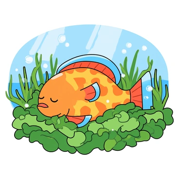 A small, colorful fish with bright orange and blue scales is curled up, sleeping peacefully in a cozy bed of lush green seaweed. The fish has large, round eyes that are gently closed, and its fins are relaxed at its sides. Surrounding the fish, the vibrant seaweed sways gently in the water, with various shades of green and hints of brown. Soft rays of sunlight filter down from the surface, creating a dappled pattern over the sleeping fish and enhancing the serene underwater scene. Small bubbles occasionally rise around the fish, contributing to the tranquil ambiance of the ocean floor.