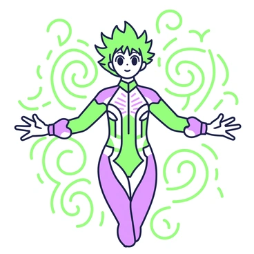 A manga character with bright, expressive eyes is in the middle of a magical transformation. The character has spiky hair that flows dramatically outward, caught in an unseen wind. They are wearing a fitted outfit adorned with intricate patterns, which begins to glow with radiant energy. Surrounding the character is a swirling pattern of light, forming intricate shapes and spirals that create a dynamic sense of movement. The character's posture is confident, and their arms are raised as if embracing the magical energy. In the background, there are soft, flowing lines that enhance the sense of transformation and power.