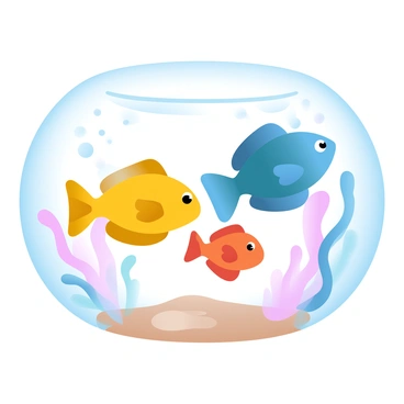 A small family of fish is swimming together in clear water. The fish are vibrant in color, with one being bright yellow, another a deep blue, and the smaller one a striking orange. Sunlight filters through the surface, creating shimmering patterns on the sandy bottom. Colorful coral formations are visible in the background, enhancing the underwater scene. The fish are swimming closely, appearing to interact with one another as they navigate their environment.