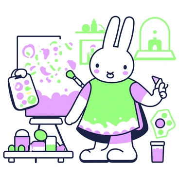 Miffy, a small rabbit character, is standing in front of a large canvas set on an easel. She is holding a paintbrush in one hand, with bright splashes of color visible on the canvas. A palette filled with various colors is resting on a small table nearby. Miffy is wearing a simple dress and an apron to protect her from the paint. Scattered around her are various paint tubes and containers, adding to the scene. The background features a bright and cheerful studio space, with art supplies neatly organized on shelves.