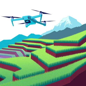 A sleek, high-tech drone with four propellers is hovering above the terraced rice fields. The drone's camera is focused on the intricate patterns of the green rice terraces that ascend the hillside, showcasing their geometric shapes and textures. The rice plants are lush and vibrant, contrasting with the rich brown earth of the terraces. Sunlight casts dynamic shadows across the landscape, emphasizing the depth and elevation of each tiered level. In the background, a distant mountain range is visible, partially shrouded in mist, adding to the majesty of the scene.