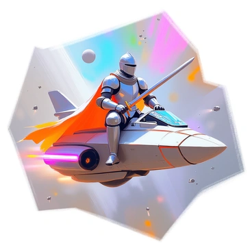 A medieval knight dressed in shining armor sits confidently atop a sleek, futuristic spaceship that glides through a starry sky. The knight holds a gleaming sword in one hand, while the other grips the ship's control panel, adorned with glowing buttons and screens. Space debris and distant planets can be seen in the background, creating a contrast between the knight's traditional attire and the advanced technology of the spaceship. The knight's cape billows behind him, catching the light from a nearby nebula that radiates vibrant colors.