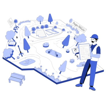 A civil engineer is standing at a construction site, reviewing blueprints for a sustainable park. The engineer is wearing a safety helmet and holding a set of architectural plans. Surrounding the engineer are various green spaces filled with trees, shrubs, and native plants. There are clearly defined walking paths winding through the park, paved with natural materials. Additionally, there are benches positioned along the paths for visitors to rest. In the background, there are signs indicating the areas designated for different activities, such as playgrounds and picnic areas, all designed to promote environmental balance.