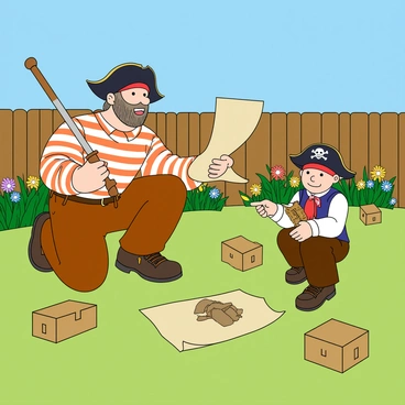 A father and his young child are dressed as pirates, ready for an adventure. The father has a beard and is wearing a classic pirate hat along with a striped shirt and brown pants. He is holding an oversized wooden sword, looking excited. The child, who has light brown hair and is wearing a small pirate hat and an eyepatch, is holding a treasure map that is slightly crumpled. They are crouched down in the backyard, surrounded by a lush green lawn and colorful flowers. A few wooden boxes are scattered around them, which the child is eagerly pointing at, imagining they might hold hidden treasure. The sky is clear blue, adding a cheerful atmosphere to their treasure hunt.