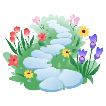 A winding garden path is made of smooth stones covered in vibrant green ivy. The path meanders through a lush garden filled with a variety of colorful flowers, including bright red tulips, sunny yellow daisies, and deep purple irises. Surrounding the pathway, the flowers create a striking contrast against the greenery, adding to the overall beauty of the scene. Small patches of soft grass peek through the stones, enhancing the natural feel of the garden.