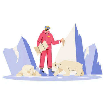 An explorer wearing a bright red winter jacket and snow goggles stands on a snowy surface in the Arctic. The explorer holds a map in one hand while looking around. Surrounding the explorer are large, jagged icebergs in various shades of blue and white. Two polar bears can be seen nearby, one sitting on a piece of ice and the other walking towards the explorer. The scene is set against a clear, pale blue sky, emphasizing the cold atmosphere of the Arctic landscape.