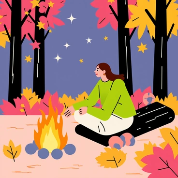A woman sitting on a log by a glowing campfire in a wooded area. She has long brown hair and is wearing a cozy green sweater. The campfire is surrounded by a circle of smooth stones, with bright orange and yellow flames dancing upwards. Around her, the ground is blanketed with vibrant autumn leaves in shades of red, orange, and yellow. Tall trees with colorful foliage rise in the background, and a few twinkling stars can be seen in the darkening sky above.