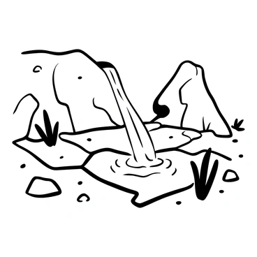 A crystal spring gushing water in the center of a dry, cracked earth landscape. The water cascades in a clear, flowing stream, creating small ripples as it hits the ground. Surrounding the spring, parched soil and cracked earth are visible, showcasing the harshness of the environment. Sparse patches of grass and small stones are scattered around, emphasizing the contrast between the vibrant water and the desolate terrain.