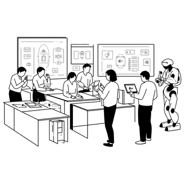 A group of engineers is gathered in a spacious robotics laboratory filled with advanced technology. Several engineers are discussing design plans while others are focused on assembling intricate robotic components on workbenches. Two engineers are collaborating closely, one is using a holographic interface to project a 3D model of a robot. The laboratory is equipped with large screens displaying schematics and data analysis. Various robotic parts and tools are scattered throughout the workspace, and a partially assembled humanoid robot stands in the background, showcasing advanced features.