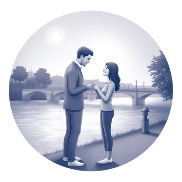 A couple stands by the Seine River, sharing a tender moment beneath the moonlight. The man is holding the woman's hand, their fingers intertwined. She looks into his eyes, with a gentle smile on her face. The scene is illuminated by the soft glow of the moon reflecting on the water's surface. In the background, there are silhouette details of trees lining the riverbank, adding depth to the atmosphere. A distant bridge arches elegantly over the river, completing the composition of this intimate gathering.